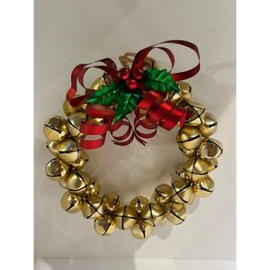 Jingle Bell Wreath Red Metal Bow Christmas Decor Vintage 11"